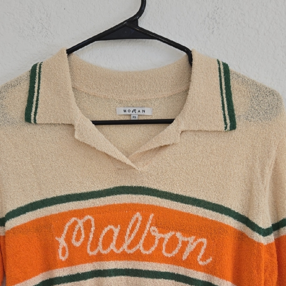 NOBAN Cream & Orange Short Sleeve Polo Tee - 'Malbon' Script Golf Shirt - Picture 4 of 4